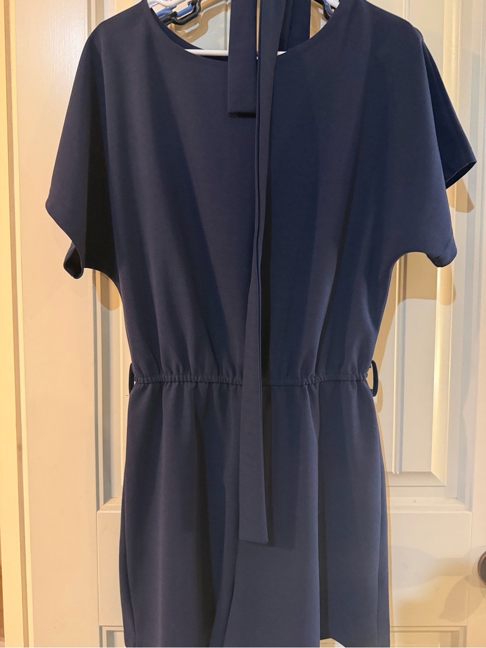 Navy Blue Tie-Neck Short Sleeve Dress